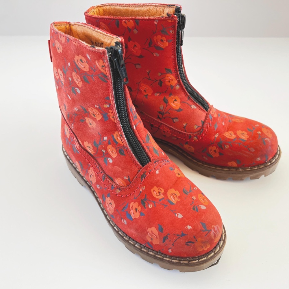 Oilily Girls Red Floral Pattern Leather Zip Ankle Boots US Size 12